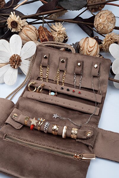 Gold Box منظم مجوهرات وحقيبة سفر قابلة للطي، بني داكن