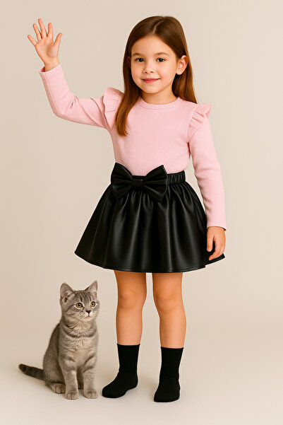 özge başaran Leather Skirt, Pink Badi and Knee Socks Set for 6-9 Months to 6 Years