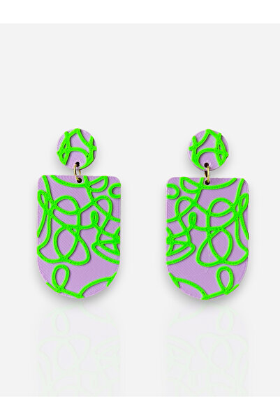 Happiears Mor Zemin Üzerine Neon Yeşil Desenli Özel Tasarım Küpe