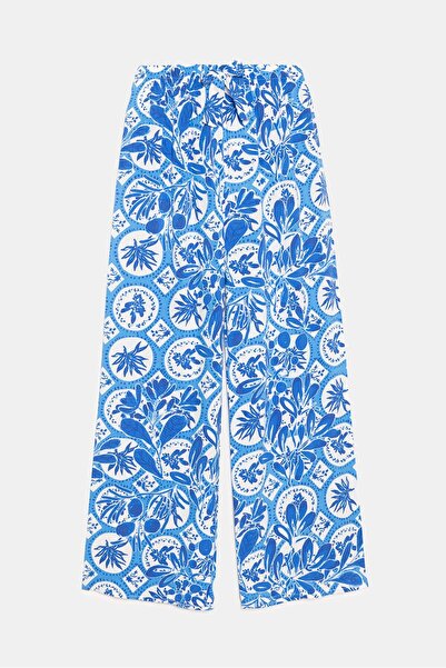 Saade Mavi Kadın Desenli Beli Lastikli Bağlamalı Bol Paça Dokuma Pantolon - V...