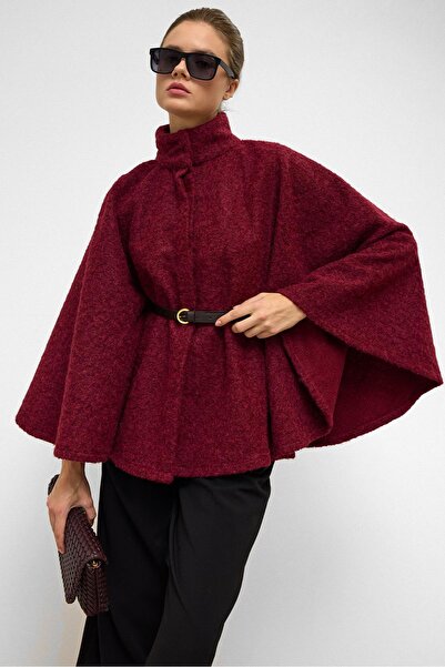 Olcay Belted Thick Poncho Bordo 3154