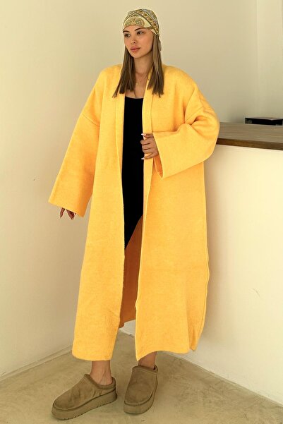Olcay Oversize Thick Knitwear Long Cardigan Yellow 8274