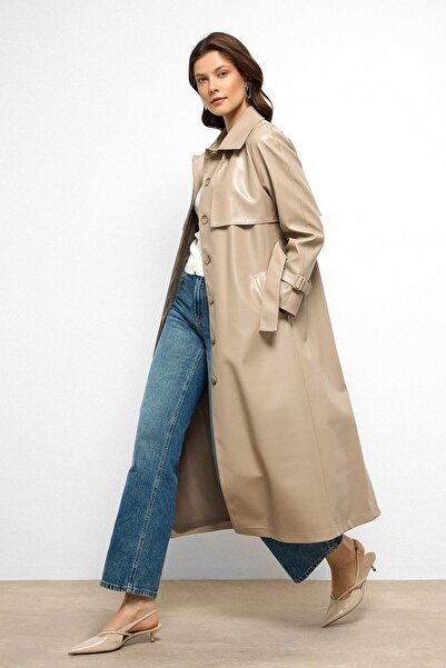 Olcay Raglan Sleeve Cape and Punto Stitching Detailed Leather Trench Coat Stone 6754