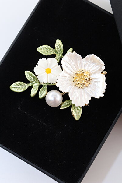 KEEBA Hiç solmayacak çiçek Yaban gülü broş gold tomurcuklu yeşil beyaz yaprak...