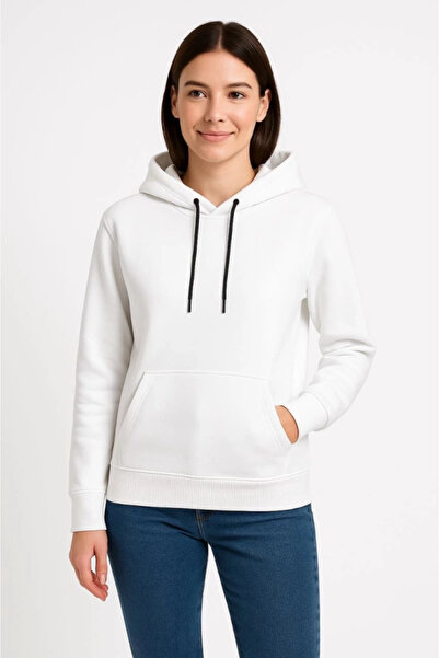 ELLA Three Thread Hooded Kangaroo Pocket Sweatshirt Hoodie - White