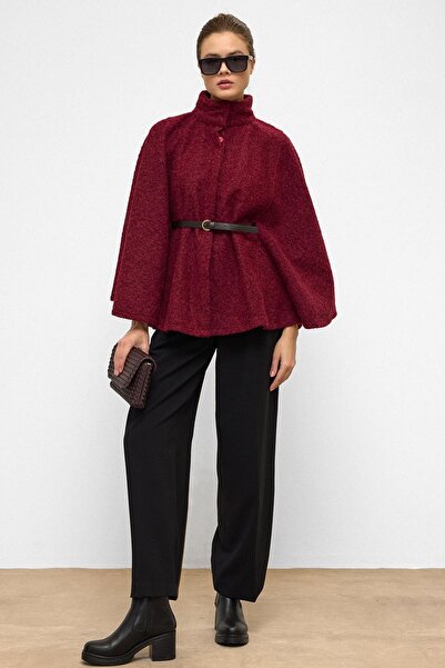 Olcay Belted Thick Poncho Bordo 3154