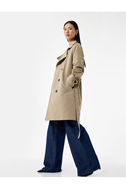 Koton Astarlı Cepli Kruvaze Uzun Kollu Kemerli Uzun Gabardin Kumaş Trençkot