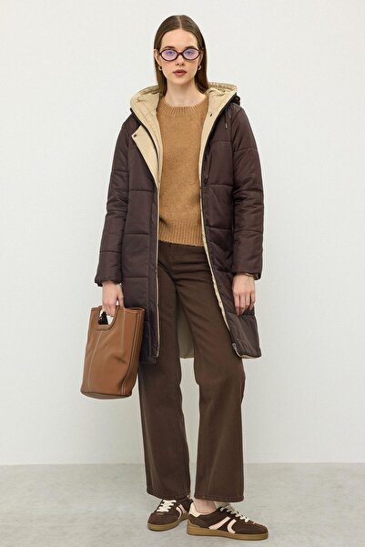 Olcay Hooded Garni Detailed Quilted Coat Brown 6782