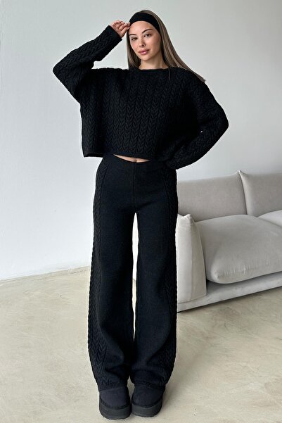 Olcay Bisiklet Yaka Saç Örgü Triko Takım SİYAH 9369-TK