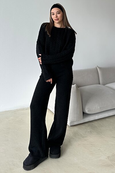 Olcay Bisiklet Yaka Saç Örgü Triko Takım SİYAH 9369-TK