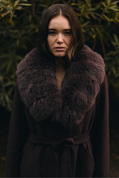 Olcay Detachable Fur Belted Long Cashmere Coat K. Brown 3133-Tk