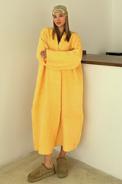 Olcay Oversize Thick Knitwear Long Cardigan Yellow 8274