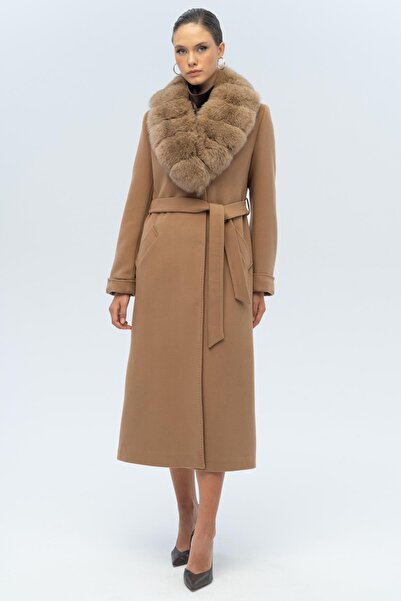 Olcay Long Cashmere Coat with Detachable Fur Belt Kamel 3133-Tk