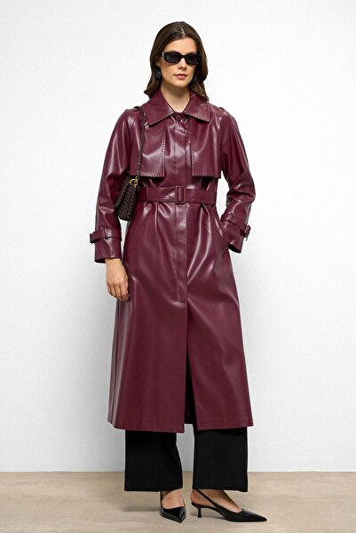 Olcay Raglan Sleeve Cape and Punto Stitch Detail Leather Trench Coat Bordo 6754
