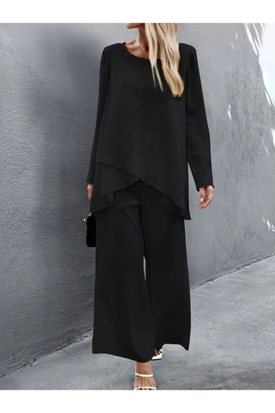 BZ Boutique Women's long sleeve asymmetrical detail loose sandy blouse and pants two-piece set