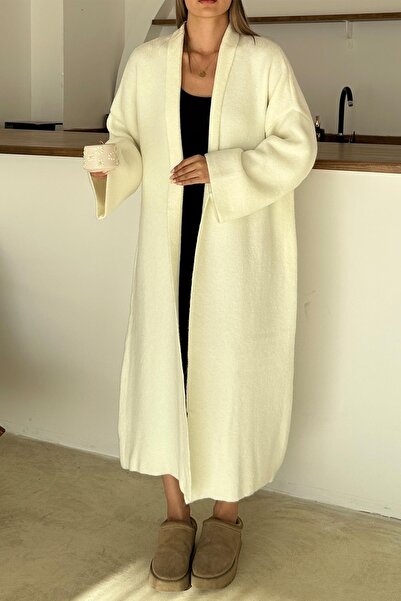 Olcay Oversize Thick Knitwear Long Cardigan Ecru 8274