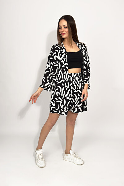 Betimoda Woven Viscose Relaxed Fit Kimono Shorts Top and Bottom Set Black