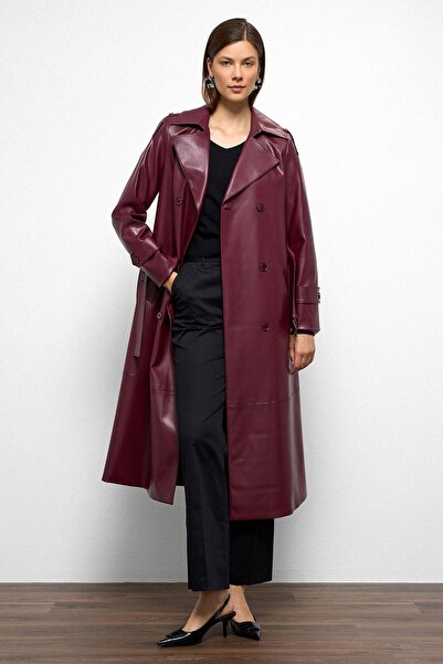 Olcay Epaulet Detailed Double Breasted Leather Trench Coat Bordo 6756