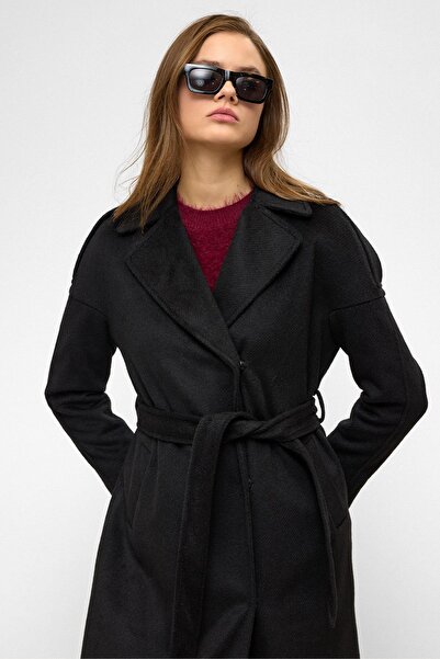 Olcay Epaulet Detailed Snap Closure Oversize Moher Coat Black 3147