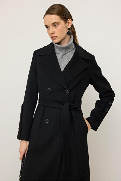 Olcay Knitted Stitch Detailed Self-Patterned Limited Edition Coat Black 3134