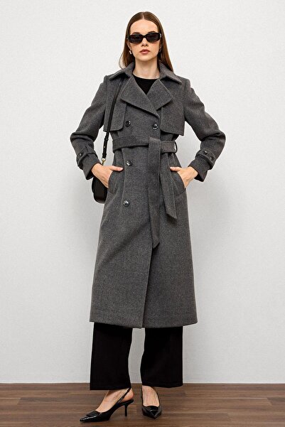 Olcay Double Breasted Coat with Cape Detail Dark Gray 3091