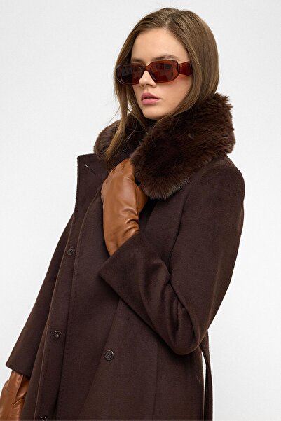 Olcay Premium Long Coat with Detachable Fur Collar and Punto Stitch Detail Brown 3092