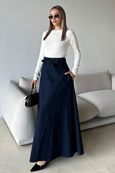 Olcay Beli Kuşaklı Denim Çan Uzun Etek KOYU MAVİ 7064
