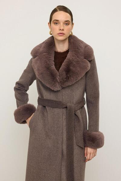 Olcay Μακρύ παλτό με γιακά και αποσπώμενα μανίκια με γούνα LATTE 3088