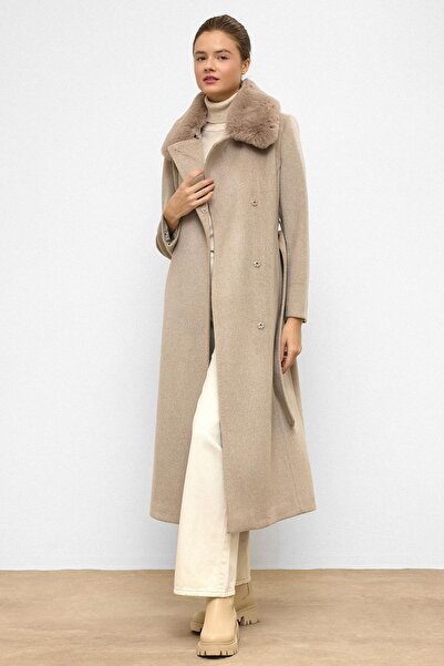 Olcay Premium Long Coat with Detachable Fur Collar and Punto Stitch Detail Stone 3092
