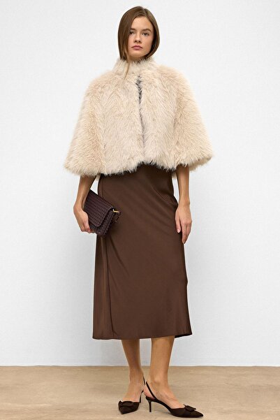 Olcay Short Faux Fur Poncho Beige 1013