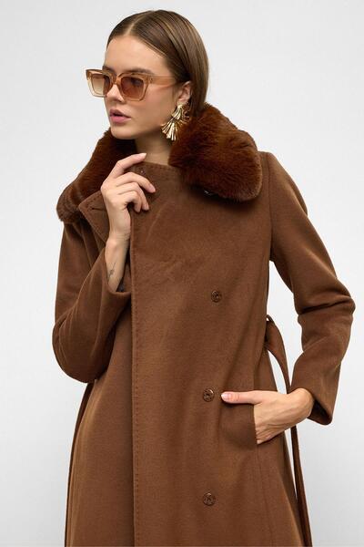Olcay Premium Long Coat with Detachable Fur Collar and Punto Stitch Detail Tütün 3092