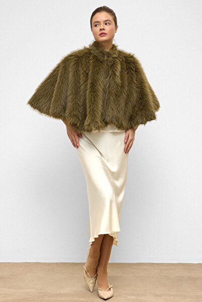 Olcay Short Faux Fur Poncho Khaki 1013