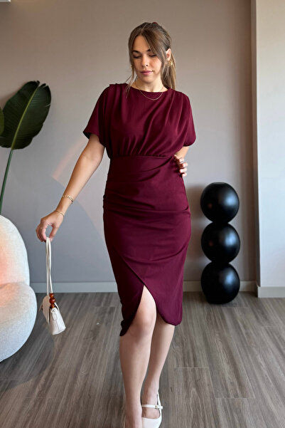 Aventien Rochie Midi Bordeaux cu mâneci liliac cu umăr pliat