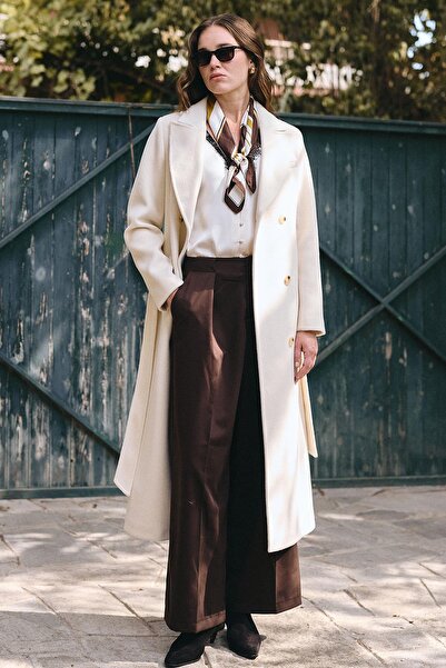 Olcay Jacket Collar Double Breasted Medium Coat Ecru 3094