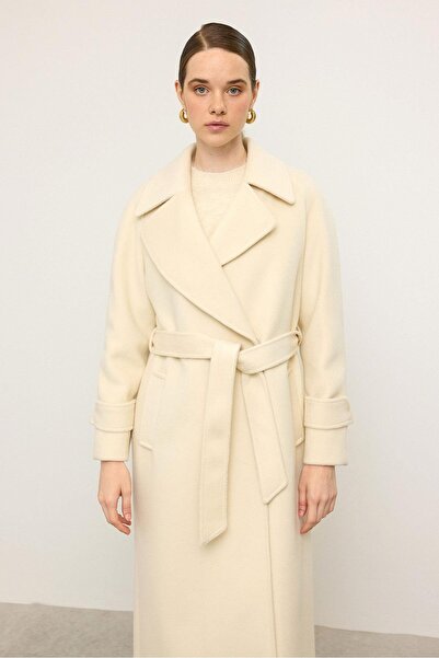 Olcay Reglan Sleeve Snap Closure Medium Length Coat Ecru 3145