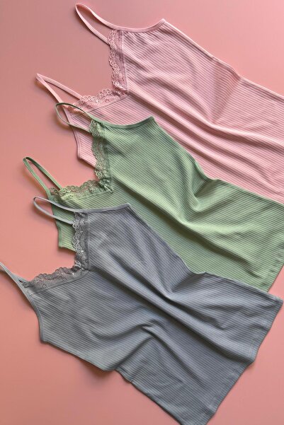 VicTroy Lace Touch | 3'lü Dantelli Ç Yeşili, Mavi ve Pembe İp Askılı Fitilli Pamuklu Kadın Atlet 64E21
