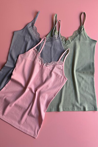 VicTroy Lace Touch | 3'lü Dantelli Ç Yeşili, Mavi ve Pembe İp Askılı Fitilli Pamuklu Kadın Atlet 64E21