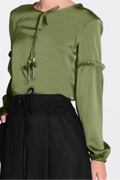 TRENDTESETTÜR Women's Khaki Lace-up Collar Blouse 4321