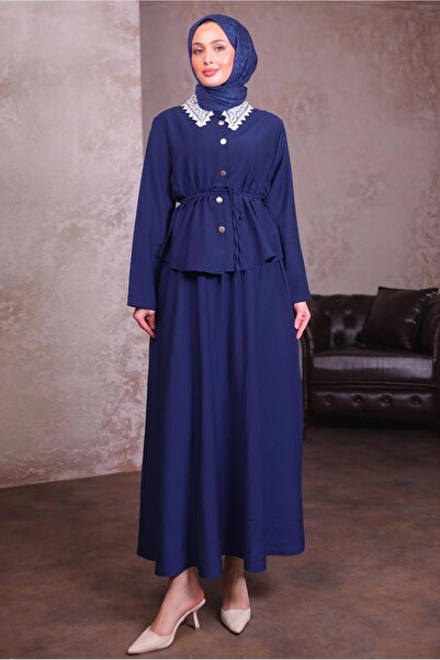 TRENDTESETTÜR Women's Navy Blue Lace Detail Skirt Suit t 7984
