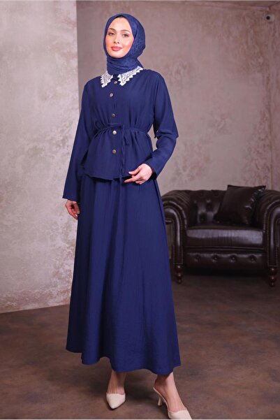 TRENDTESETTÜR Women's Navy Blue Lace Detail Skirt Suit t 7984