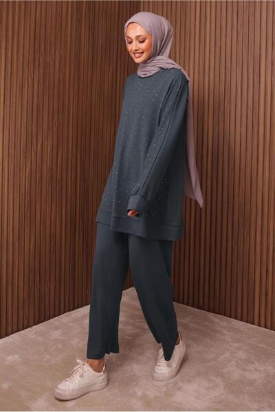 TRENDTESETTÜR Women's Gray (Anthracite) Stone Printed Pants Suit t 2535