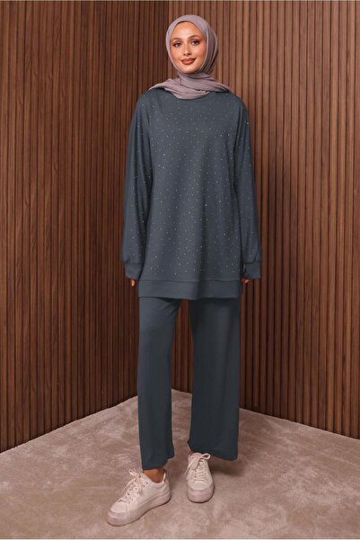 TRENDTESETTÜR Women's Gray (Anthracite) Stone Printed Pants Suit t 2535