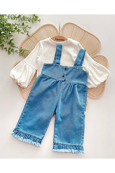 Jammybaby Palazzo Jean Denim Salopet Jumpsuit 100% Cotton Lycra Ribbed Balloon Blouse Luxury Tassels Baby Girl Set