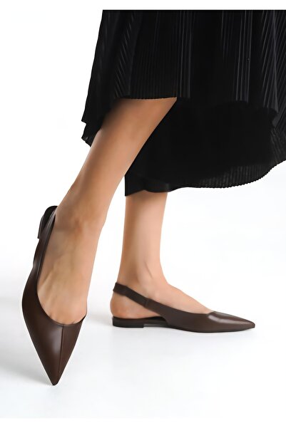 Zoe3 Style Kadın LCY Babet – Kahve Cilt, Sivri Burun, Lastikli ve Konforlu Şı...