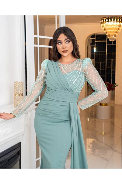CAREZZA Elysia - Drapeli Taş İşlemeli Abiye - Turkuaz
