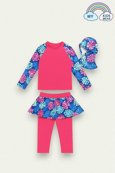 My Kids Wear Üç Parça Kız Çocuk Haşema, Tesettür, Etekli, Kapalı Mayo