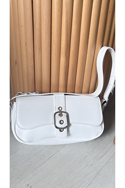 cosybag. Geantă de umăr pentru femei, albă, cu cataramă metalică, cu două cur...