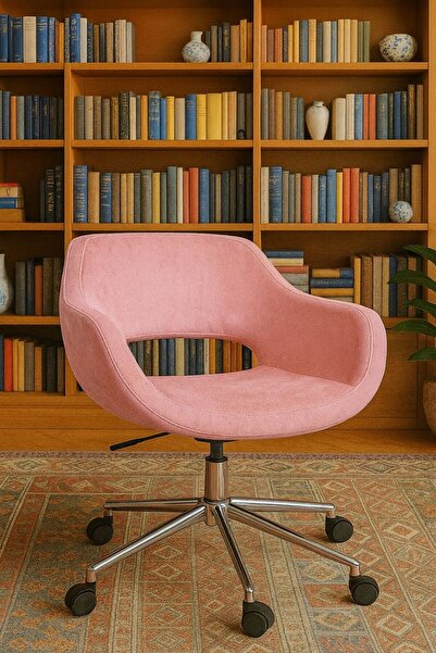 msy garden fenc Konforlu Döner Çalışma Sandalyesi – Kadife Pembe Kumaş, Şık Metal Ayak