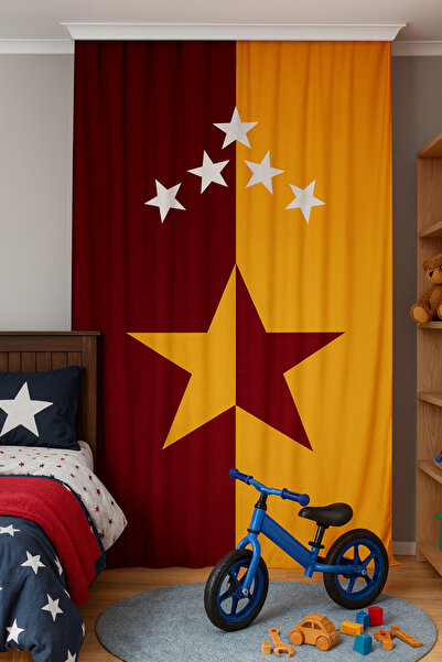 Bebişim Halı Yellow Red Double Winged Fan Children's Room Curtain