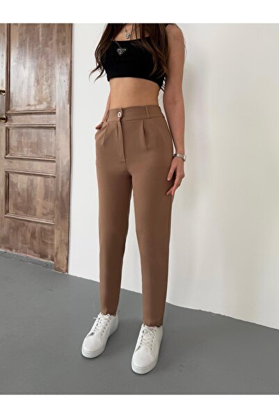 BİKELİFE Γυναικείο υφασμάτινο παντελόνι με ψηλόμεσο ελαστικό καρότο